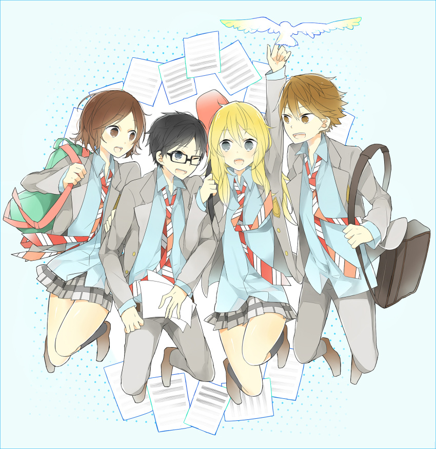 2boys, 2girls, arima_kousei, bag, bird, black_hair, blazer, blonde_hair