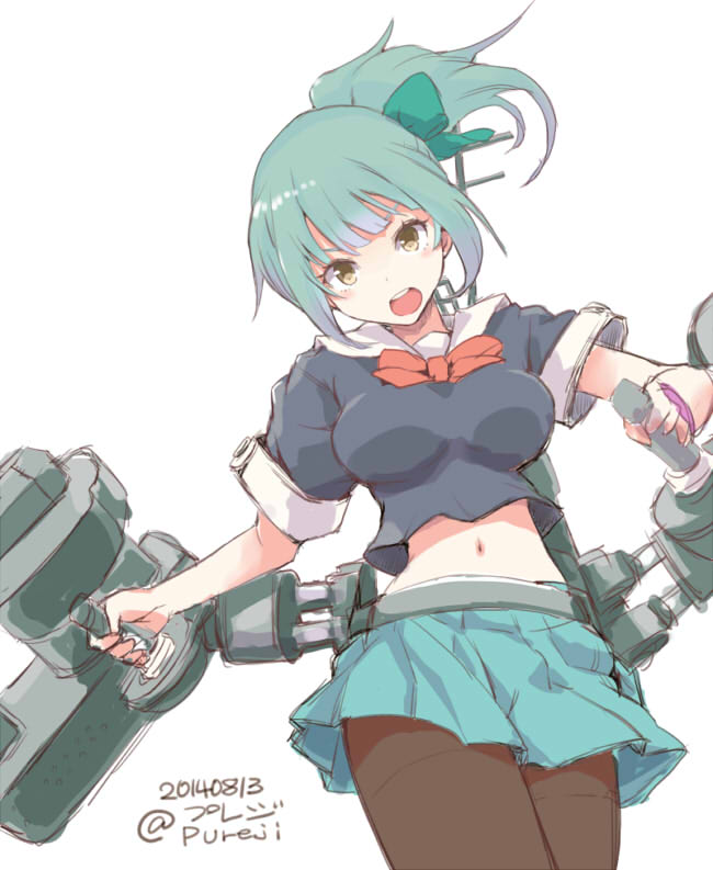 1girl, :o, alternate_breast_size, cowboy_shot, dated, green_hair, hair_ribbon, kantai_collection