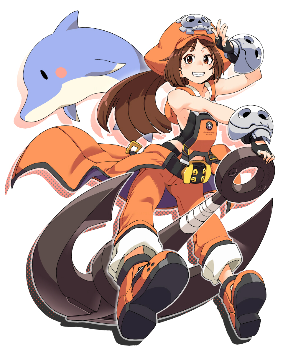 1girl, anchor, animal, ankle_boots, bare_shoulders, belt, black_gloves, blush