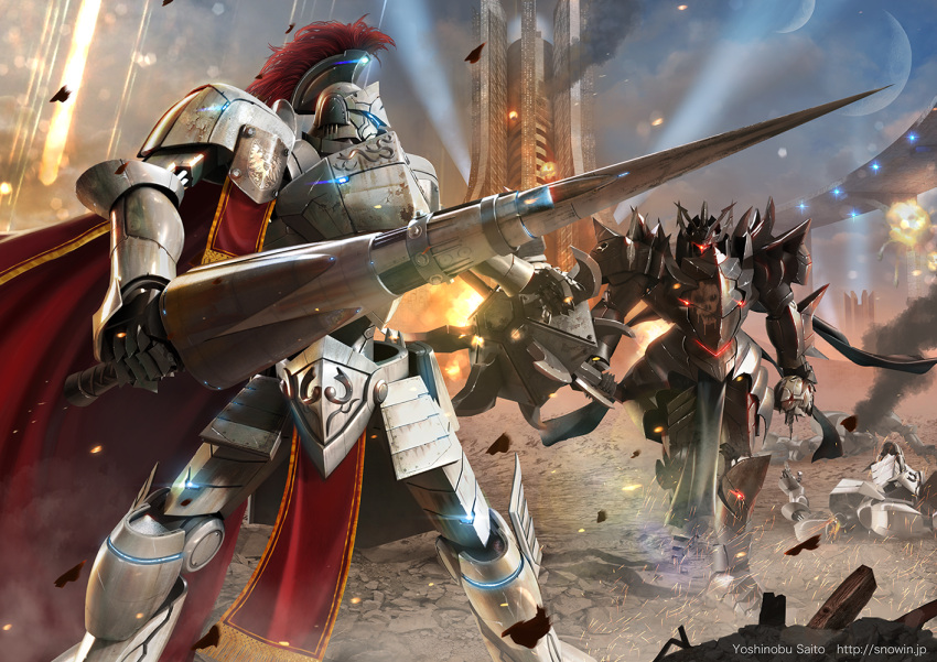 building, cape, fire, lance, mace, mecha, moon, no_humans