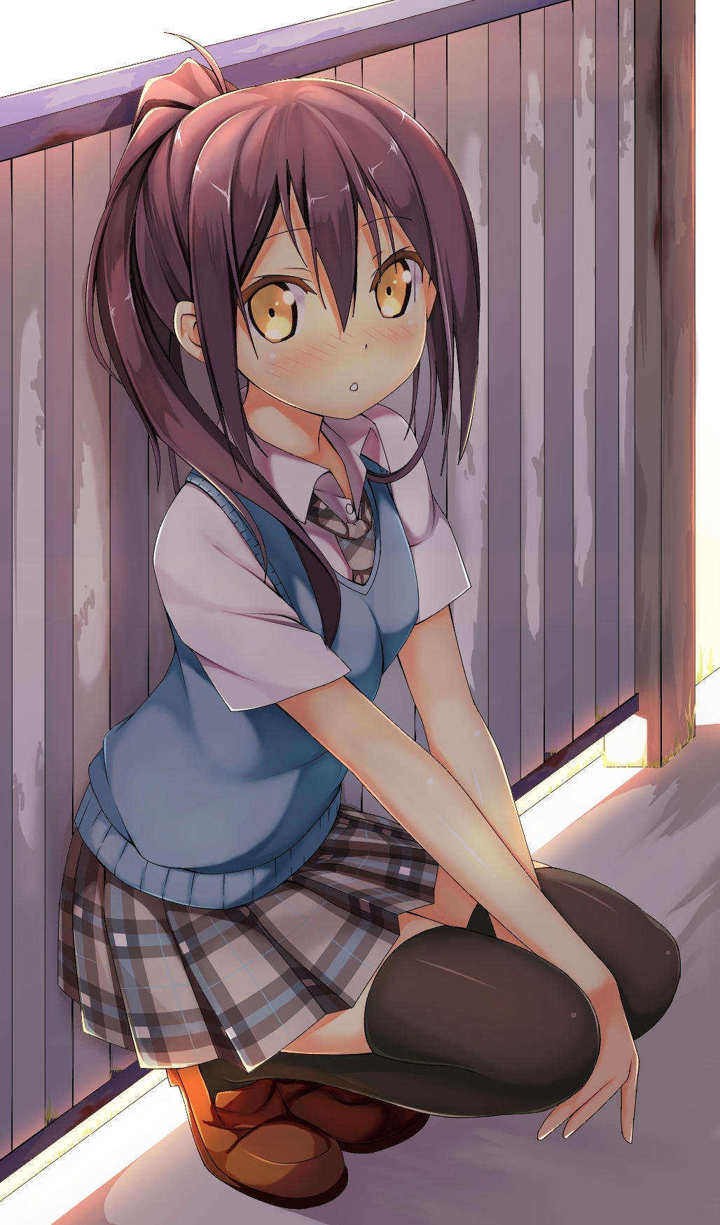 1girl, black_legwear, blush, brown_hair, highres, kantoku_(style), kawai_(purplrpouni), long_hair