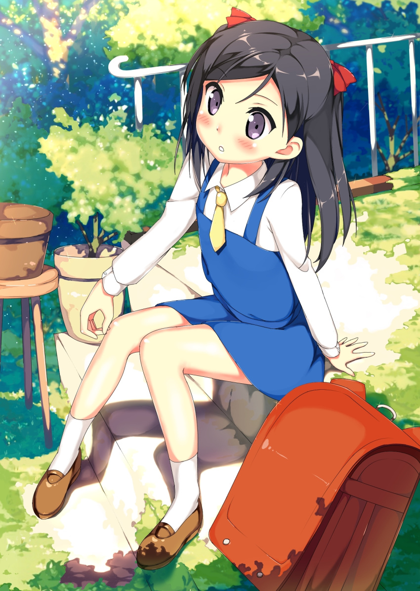 1girl, arm_support, backpack, bag, black_hair, blush, bowtie, bush