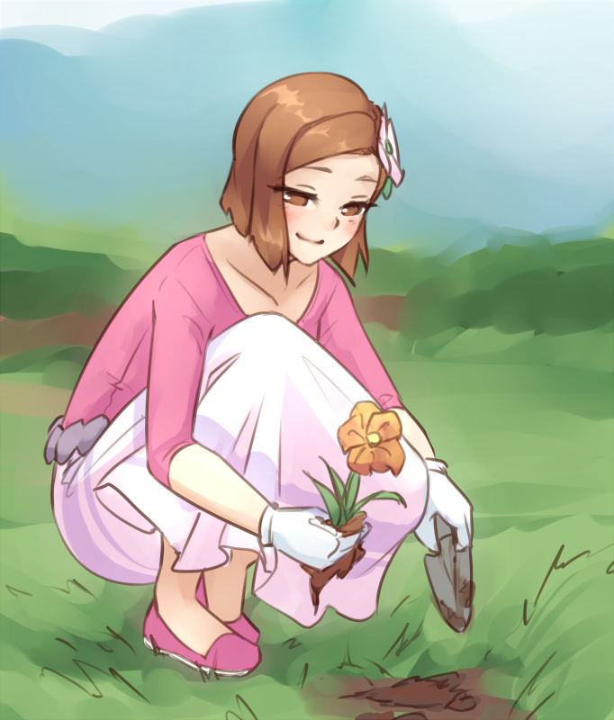 1girl, aroma_lady_(pokemon), bangs, blush, bob_cut, brown_hair, flower, gardening