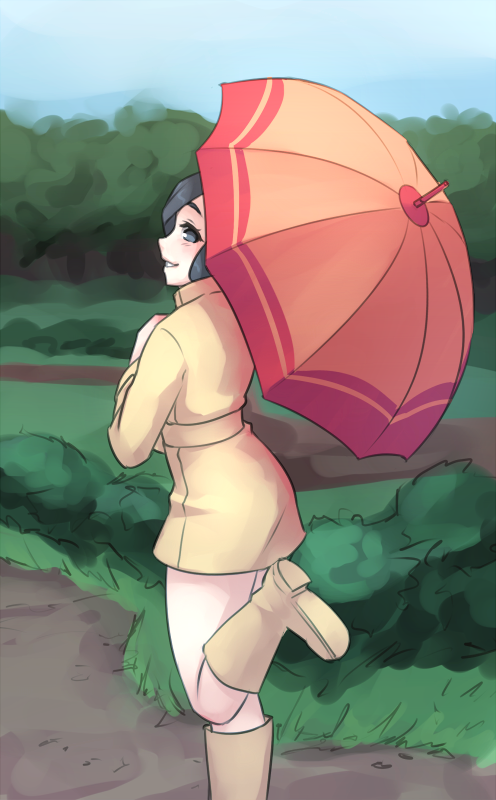 1girl, black_hair, blush, from_behind, monorus, npc, parasol, parasol_lady_(pokemon)