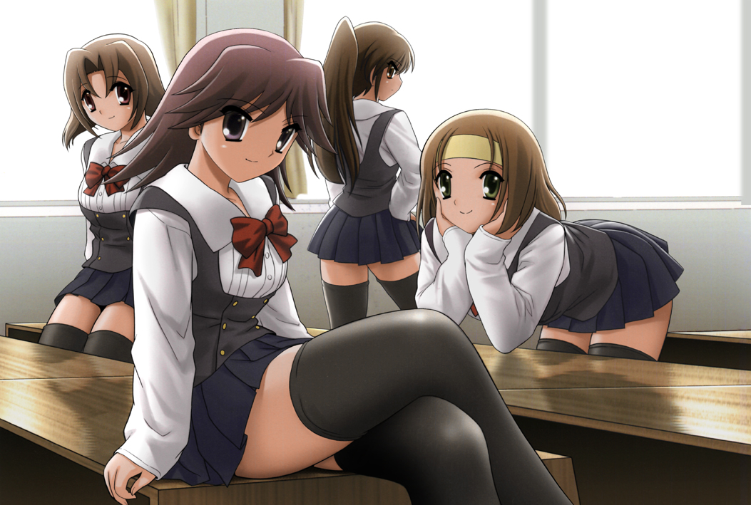 4girls, black_legwear, brown_hair, crossed_legs, desk, katou_otome, koizumi_natsumi, long_hair, looking_at_viewer, looking_back, mori_kumi, multiple_girls, obuchi_minami, pleated_skirt, ponytail, school_days, school_uniform, shingyouji_tatsuya, sitting, skirt, smile, thigh-highs, zettai_ryouiki