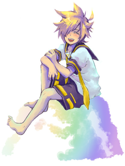 blonde_hair, hair_over_one_eye, kagamine_len, male, momen_(6p6), necktie, short_hair, shorts