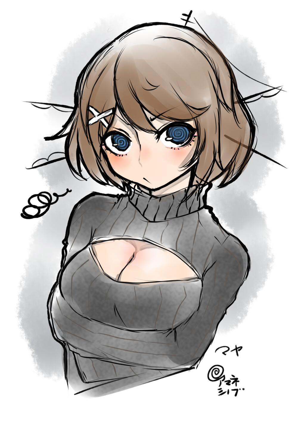 1girl, al_bhed_eyes, blue_eyes, blush, breast_hold, breasts, brown_hair, bust
