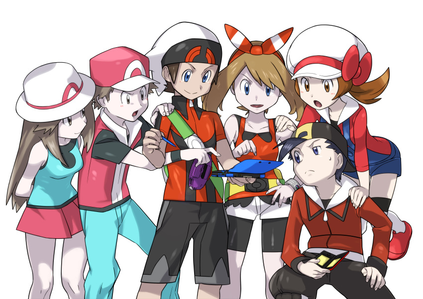 3boys, 3girls, absurdres, backwards_hat, bag, baseball_cap, black_hair, blue_(pokemon)