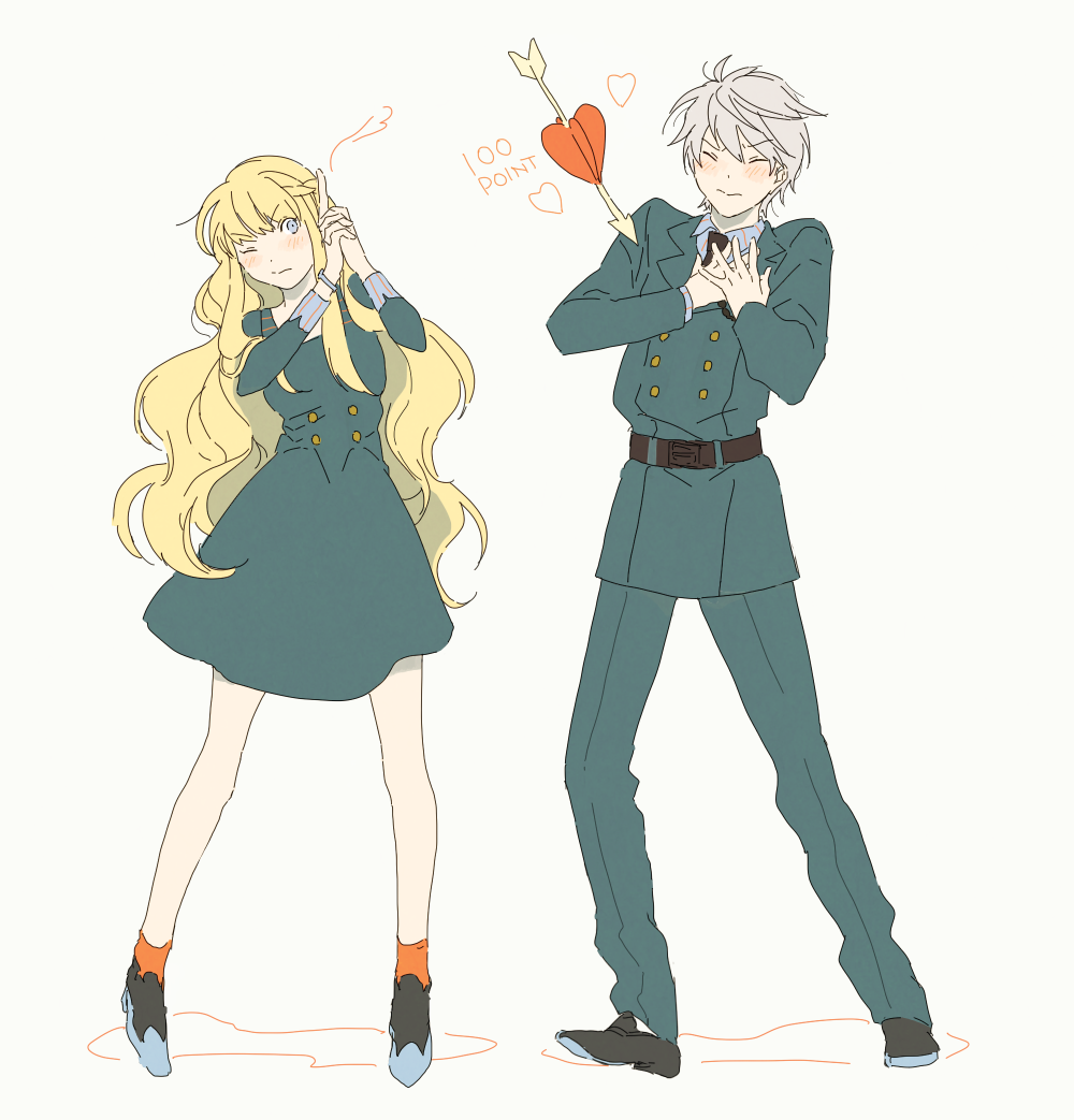 1boy, 1girl, aldnoah.zero, asseylum_vers_allusia, blonde_hair, blue_eyes, blush, closed_eyes