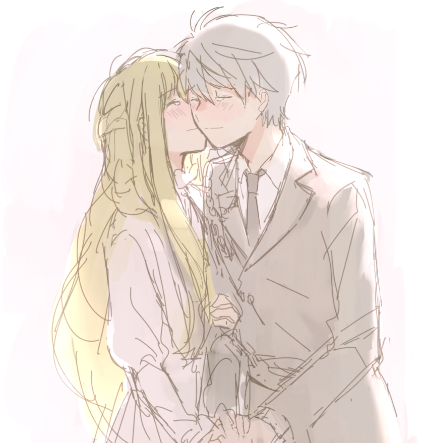 1boy, 1girl, aldnoah.zero, asseylum_vers_allusia, blonde_hair, blush, closed_eyes, kiss