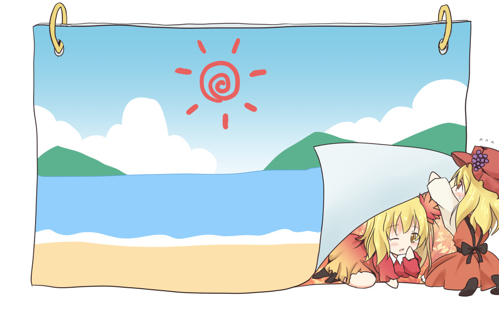2girls, aki_shizuha, autumn, blonde_hair, deformed, flipping, food, fruit