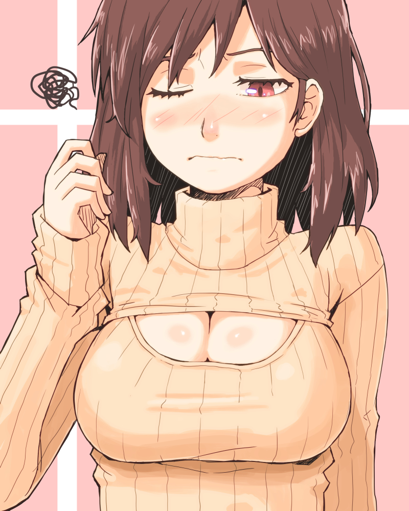 1girl, blush, breasts, brown_hair, cleavage, cleavage_cutout, embarrassed, large_breasts