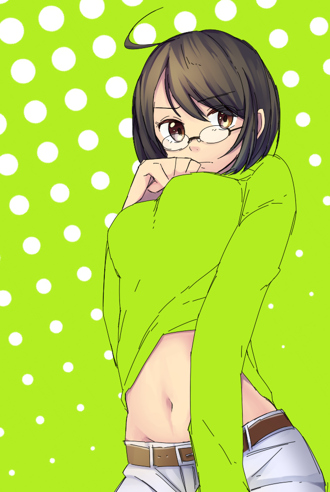 1girl, ahoge, belt, breasts, brown_eyes, brown_hair, denim, female