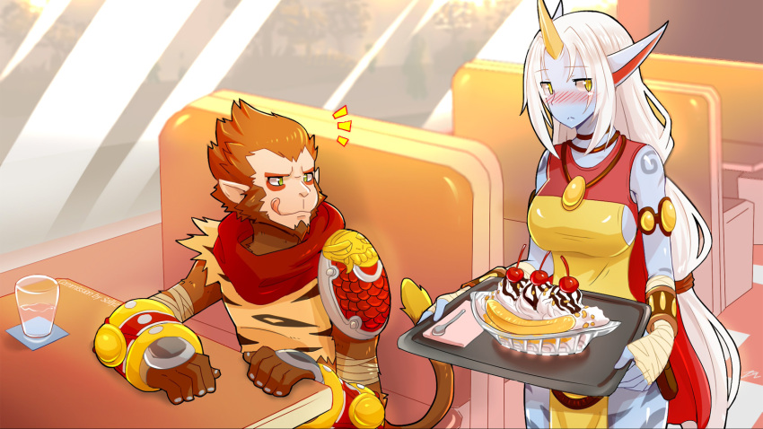 1boy, 1girl, :<, armor, banana, banana_split, blue_skin, blush