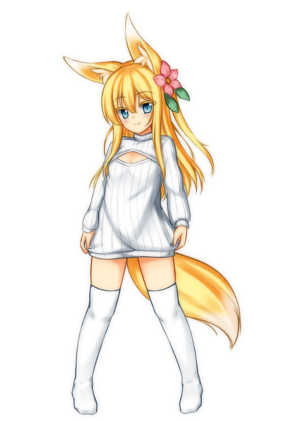 1girl, animal_ears, blonde_hair, blue_eyes, flower, fox_ears, fox_tail, hair_flower