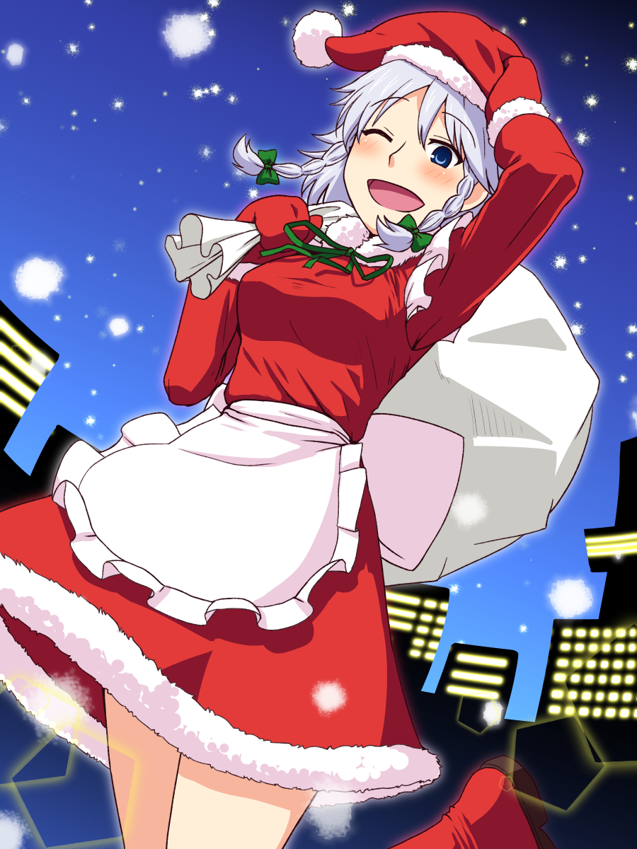 1girl, apron, blue_eyes, braid, cookie_(touhou), hat, highres, izayoi_sakuya