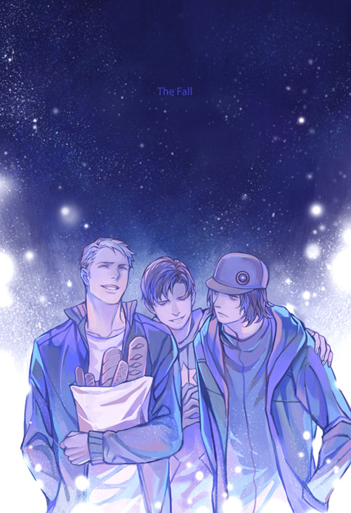 3boys, baguette, baseball_cap, bread, captain_america_the_winter_soldier, dual_persona, food, hat