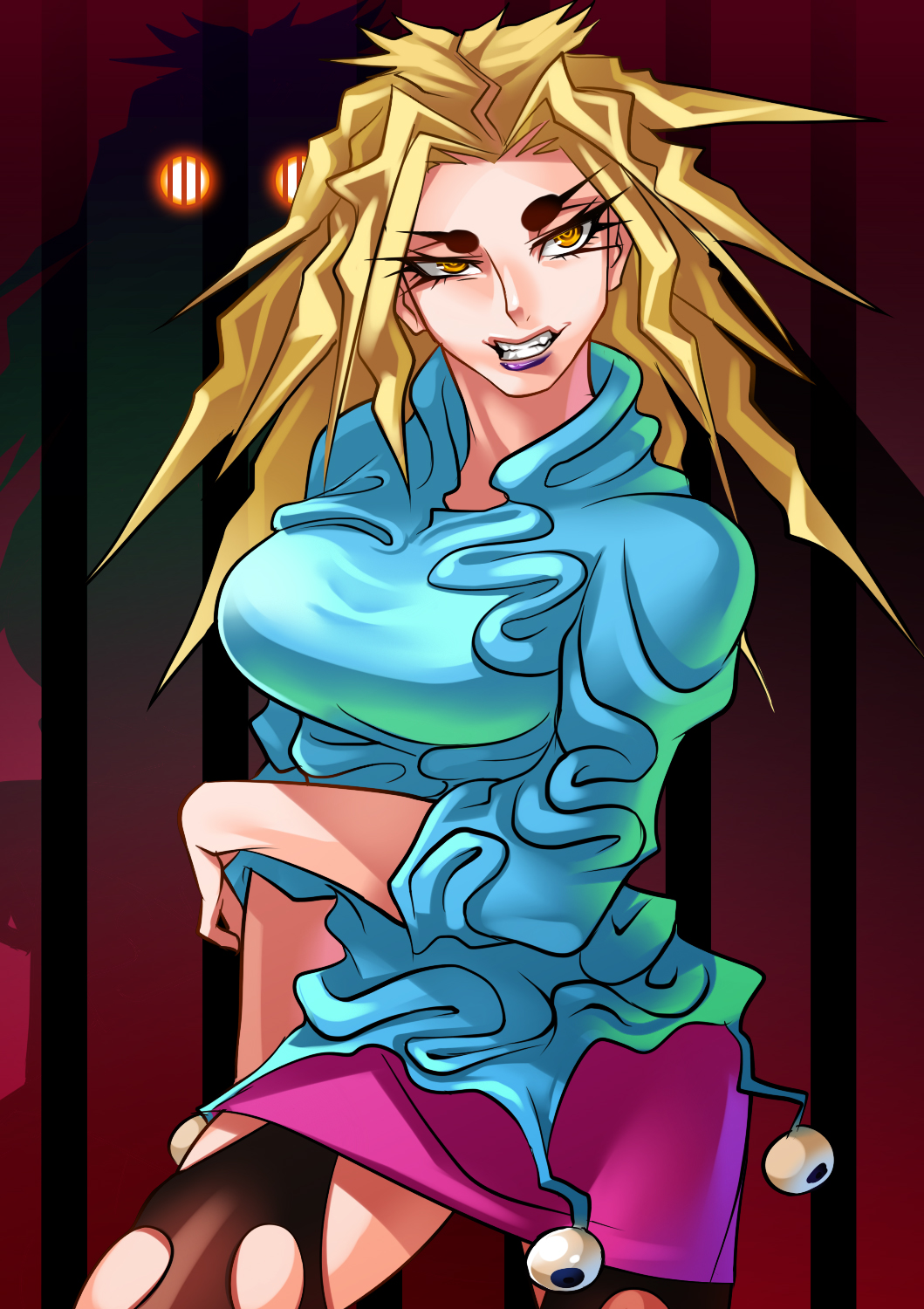 1girl, blonde_hair, breasts, highres, jail_house_rock_(stand), jojo_no_kimyou_na_bouken, large_breasts, long_hair, miu_miu, pantyhose, ryuusei_(mark_ii), silhouette, solo, stand_(jojo), sweater, taut_clothes, torn_clothes, torn_pantyhose, yellow_eyes