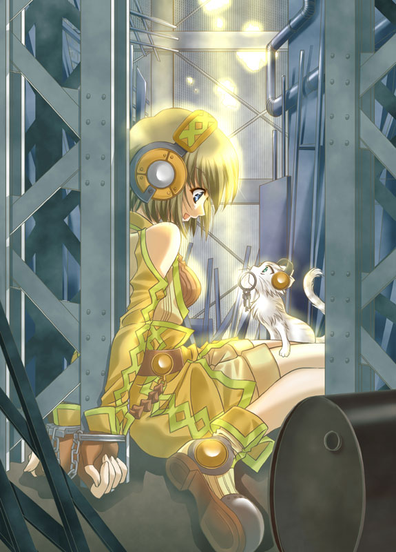 barrel, blue_eyes, brown_hair, cat, cuffs, dress, girder, handcuffs