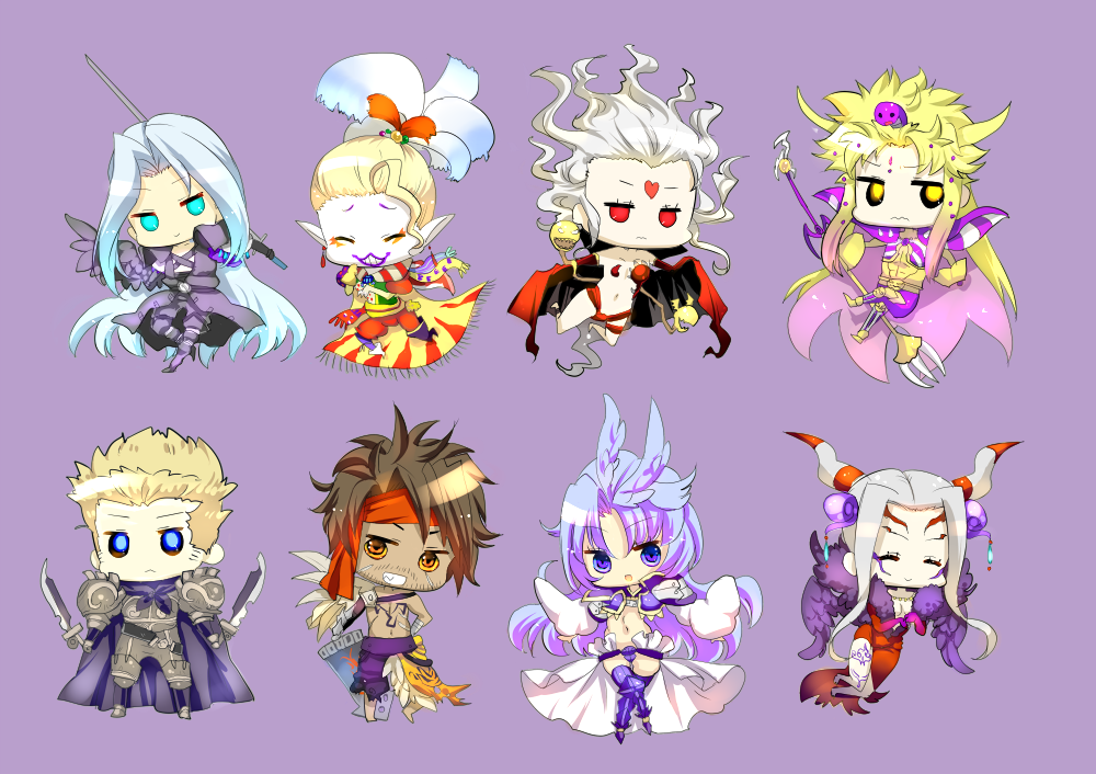 2girls, 6+boys, :d, blonde_hair, chibi, cloud_of_darkness, commentary_request, dark_skin