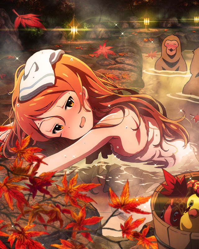 1girl, bathing, blush, idolmaster, idolmaster_million_live!, japanese_macaque, long_hair, monkey