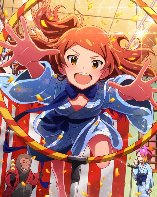 >:d, :d, idolmaster, idolmaster_million_live!, japanese_clothes, japanese_macaque, kimono, long_hair