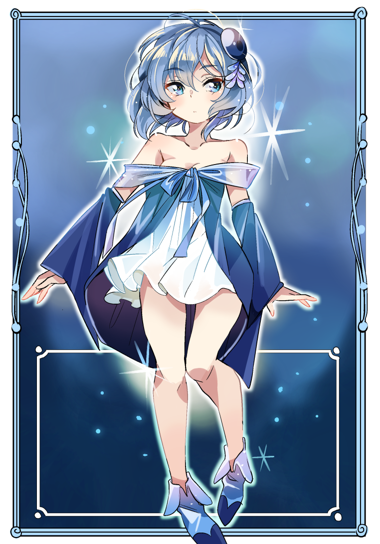 1girl, bare_shoulders, blue, blue_eyes, blue_hair, detached_sleeves, dress, hair_ornament
