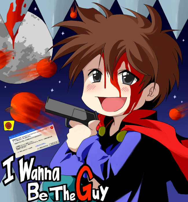 blood, brown_hair, cape, error_message, food, fruit, gun, happy