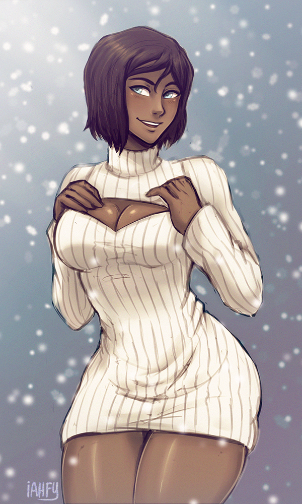 1girl, alternate_hair_length, alternate_hairstyle, avatar_legends, blue_eyes, blush, breast_squeeze, breasts