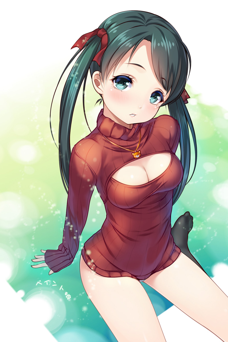 1girl, alternate_costume, black_hair, black_legwear, blue_eyes, breasts, cleavage, cleavage_cutout