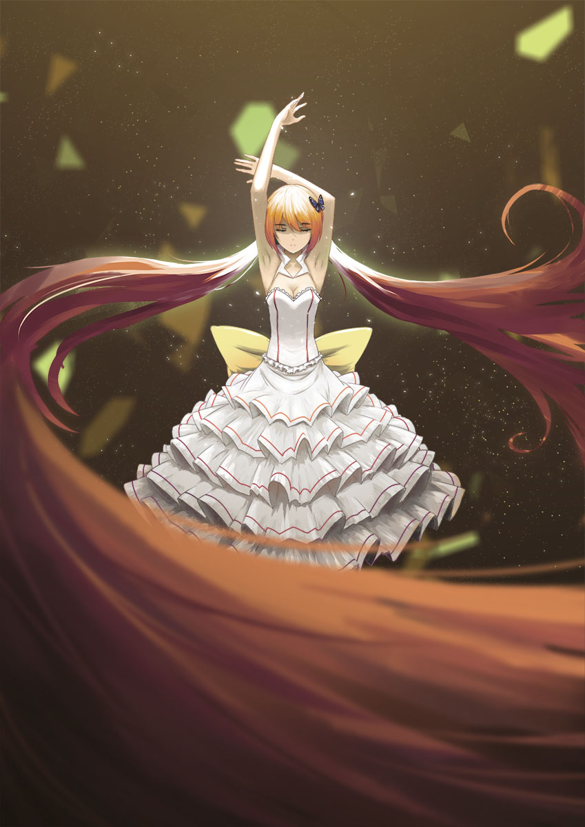 1girl, absurdly_long_hair, alternate_costume, alternate_hair_color, armpits, arms_up, blurry, bow