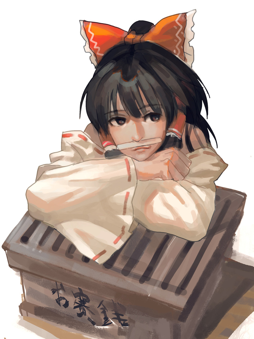 1girl, black_hair, bow, box, crossed_arms, donation_box, hair_bow, hair_tubes