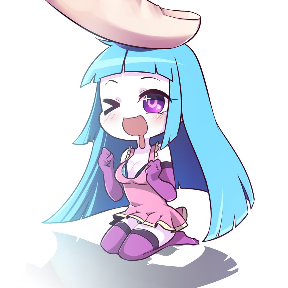 >_o, 1girl, ayane_wakana, blue_hair, bra, breasts, chibi, cleavage