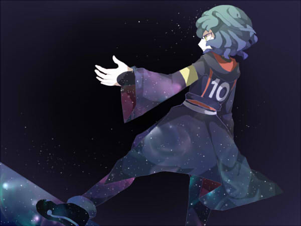 1boy, bittowei_ozurokku, dutch_angle, from_behind, green_hair, inazuma_eleven_(series), inazuma_eleven_go, inazuma_eleven_go_galaxy
