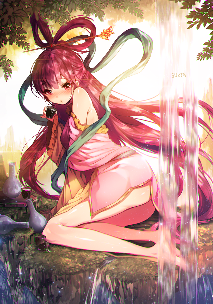 1girl, alcohol, bare_legs, bare_shoulders, barefoot, blush, bottle, chinese_clothes