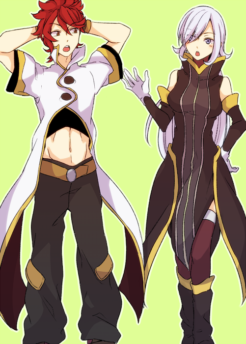 1boy, 1girl, aila_jyrkiainen, alternate_costume, arms_behind_head, blue_eyes, boots, cosplay