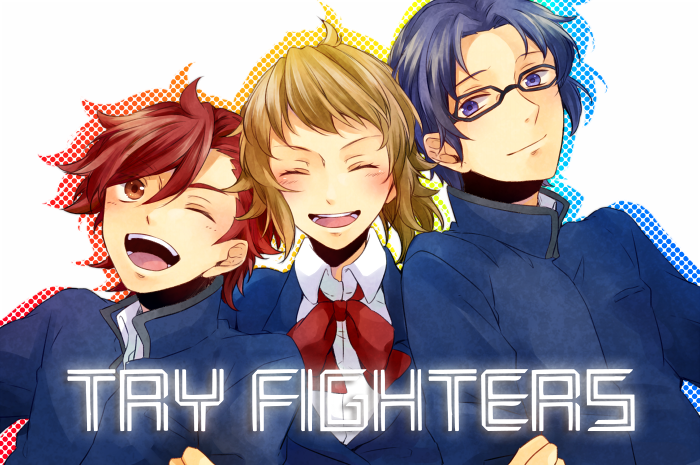 1girl, 2boys, blazer, blue_eyes, blue_hair, brown_eyes, brown_hair, closed_eyes