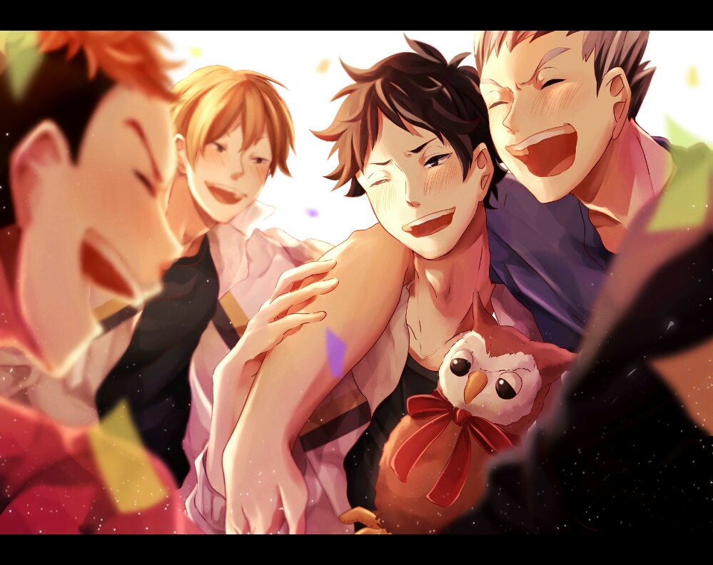 4boys, akaashi_keiji, bird, blonde_hair, bokuto_koutarou, cheeeeezi, confetti, grey_hair