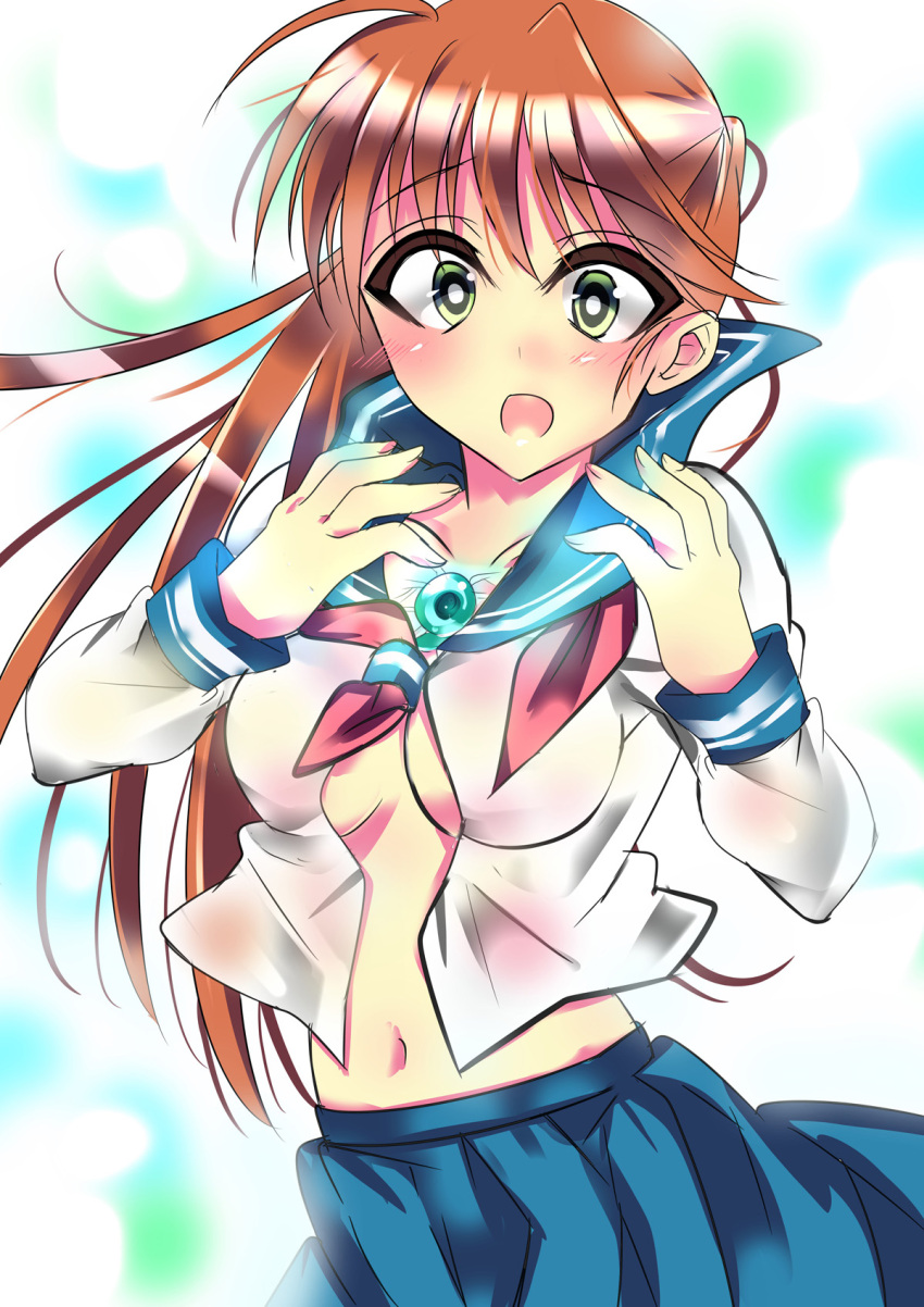 1girl, blue_seed, blue_skirt, blush, breasts, brown_hair, fujimiya_momiji, green_eyes