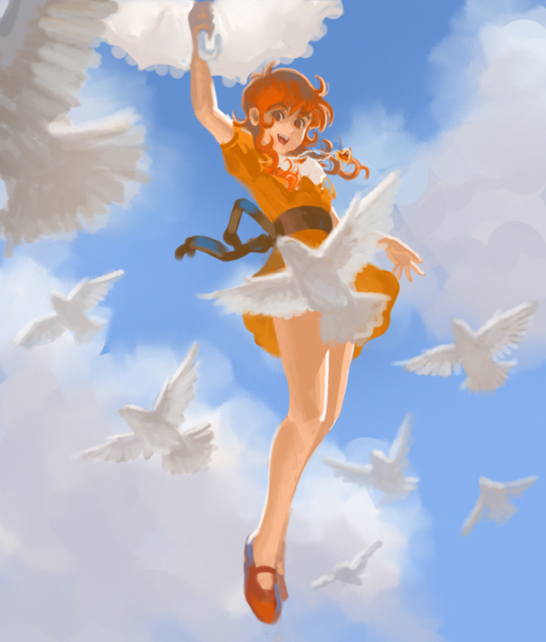 1girl, bird, brown_hair, clouds, convenient_censoring, curly_hair, dove, dress