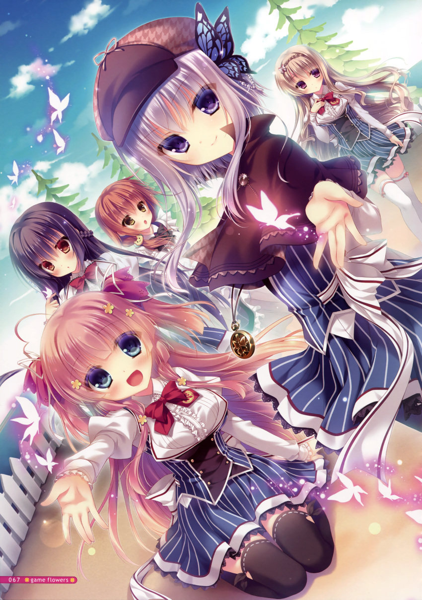 5girls, absurdres, amesara_mana, black_legwear, blue_eyes, breasts, brown_hair, butterfly_hair_ornament, cabbie_hat, capelet, dutch_angle, hair_ornament, hakoniwa_logic, hat, highres, iriya_koko, kidou_shizuku, lavender_hair, long_hair, maezono_kirika, maid, miwa_futaba, multiple_girls, pantyhose, pink_hair, sakuraba_moemi, school_uniform, short_hair, tagme, thigh-highs, violet_eyes, yukie_(peach_candy), zettai_ryouiki