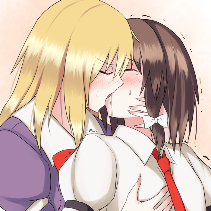 2girls, blonde_hair, brown_hair, closed_eyes, groping, kiss, long_hair, maribel_hearn, multiple_girls, napalm_zero, necktie, no_hat, ribbon, saliva, short_hair, touhou, trembling, usami_renko, yuri