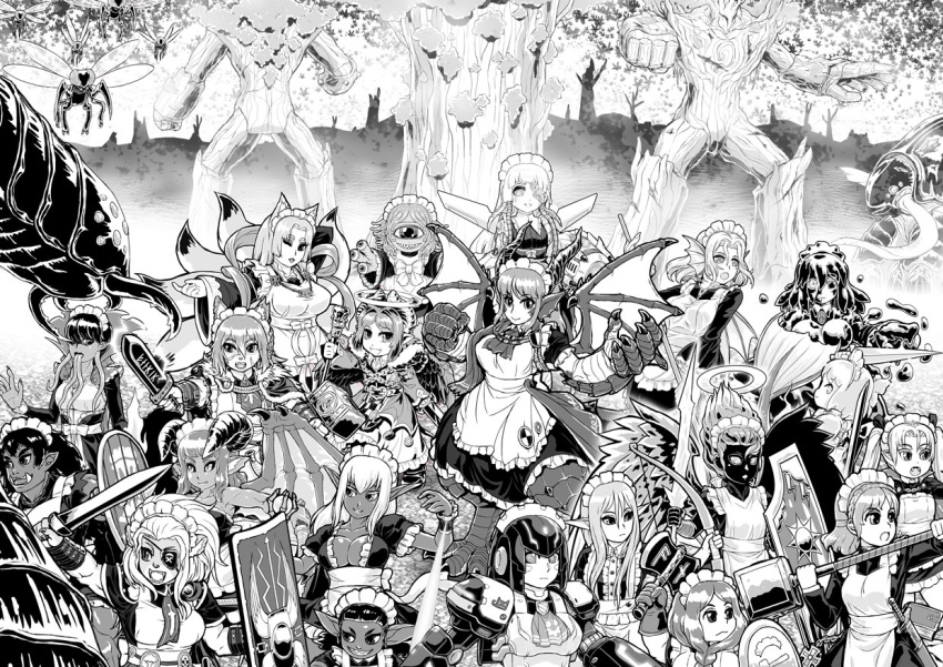 6+girls, angel, angel_wings, apron, asymmetrical_wings, axe, battle, beholder, black_skin, bow_(weapon), braid, breasts, claws, cleavage, cyclops, dark_elf, dark_skin, demon_girl, demon_horns, demon_wings, dragon_girl, dragon_tail, dragon_wings, dual_wielding, dwarf, elf, extra_eyes, eyepatch, fangs, feathered_wings, giant_insect, goblin, goo_girl, grin, halo, head_fins, horns, kensaint, kitsune, long_hair, maid, maid_apron, maid_headdress, mermaid, monochrome, monster_girl, multiple_girls, multiple_tails, multiple_tongues, one-eyed, one_eye_closed, open_mouth, orc, original, pointy_ears, robot_girl, scales, scepter, sharp_teeth, shield, single_braid, slit_pupils, smile, sword, tail, treant, tusks, vambraces, vampire, warhammer, weapon, wings, wrist_cuffs