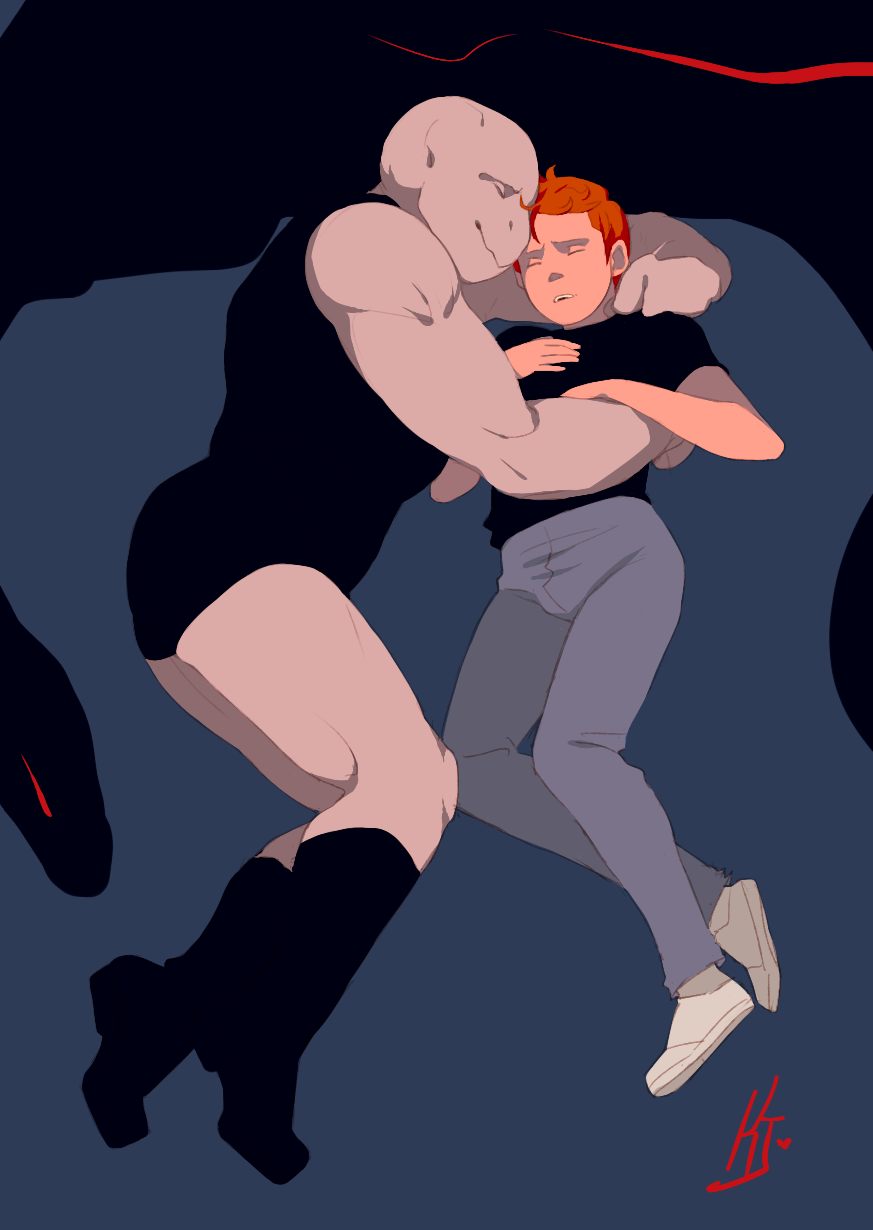 2boys, alien, another_world, boots, buddy_(another_world), cuddling, highres, kalechip