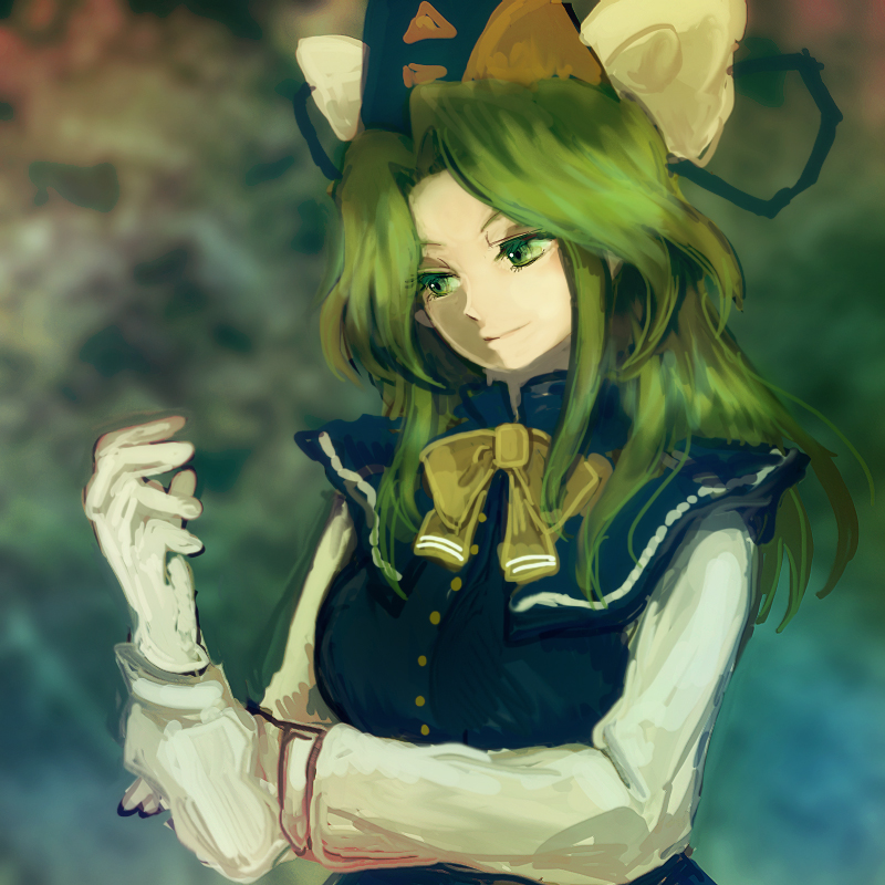 1girl, bow, dress, gloves, green_eyes, green_hair, hat, katari