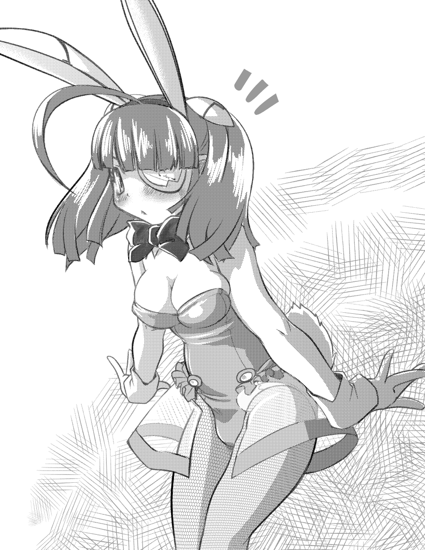 1girl, ahoge, animal_ears, breasts, bunny_girl, bunnysuit, eyepatch, monochrome