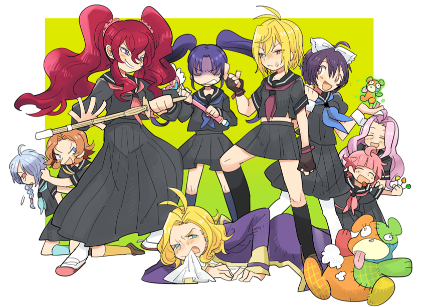 1boy, 6+girls, angelise_ikaruga_misurugi, black_hair, blonde_hair, candy, chris_(cross_ange), cross_ange