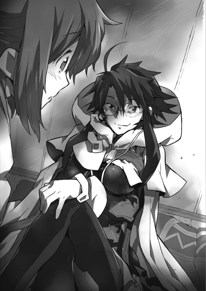 2girls, cape, glasses, highres, log_horizon, long_hair, minori_(log_horizon), monochrome, multiple_girls, official_art, roe2
