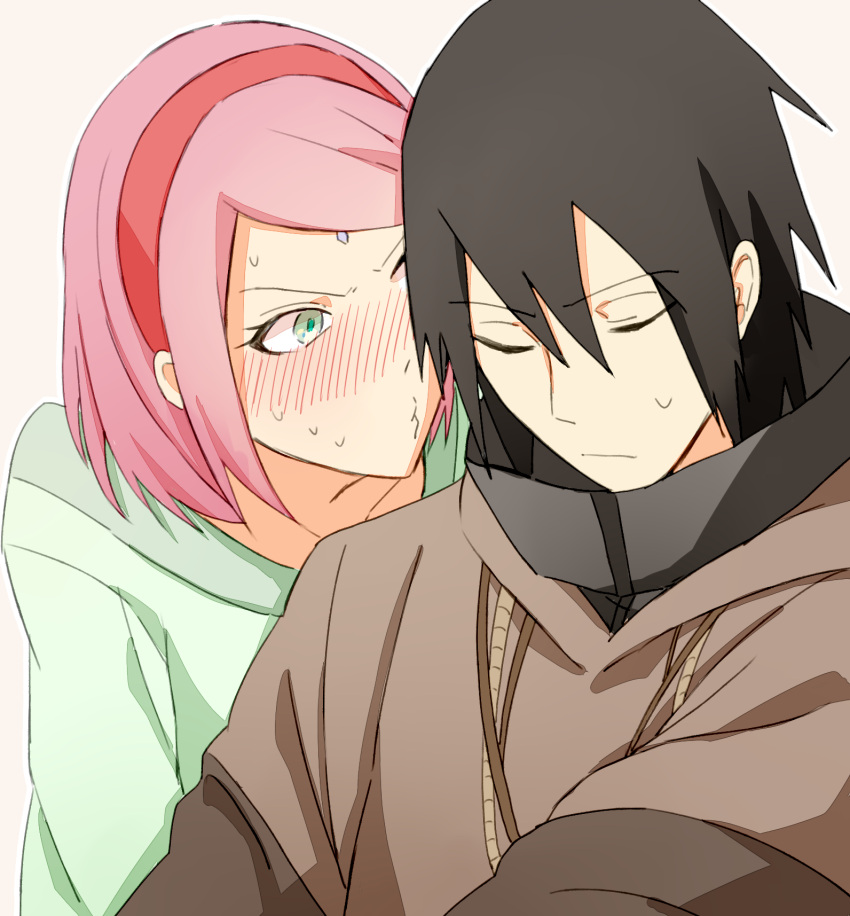 1boy, 1girl, black_hair, blush, closed_eyes, couple, facial_mark, forehead_mark