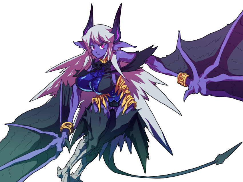 1girl, :<, bangle, bare_shoulders, bat_wings, bracelet, breasts, claws